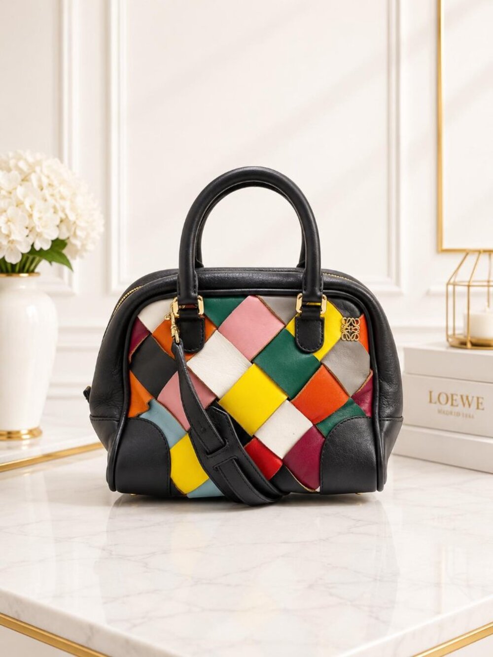 Authentic Loewe Amazona 28 Multicolor Woven Leather Bag